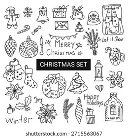Un conjunto de garabatos de Vector de Navidades sobre un fondo blanco, aislado.