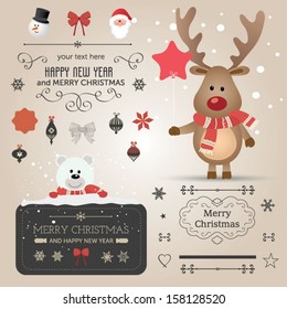 Set of christmas vector elements, vintage banner, ribbon, labels, frames, badge, stickers. Vector Christmas element. New Year. Vintage santa claus, ornaments and decorative element