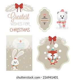 Set of christmas vector elements, vintage banner, ribbon, labels, frames, badge, stickers. Vector Christmas element. New Year.Vintage christmas character, ornaments and decorative element