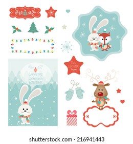 Set of christmas vector elements, vintage banner, ribbon, labels, frames, badge, stickers. Vector Christmas element. New Year.Vintage christmas character, ornaments and decorative element