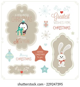 Set of Christmas vector elements, vintage banner, ribbon, labels, frames, badge, stickers. Vector Christmas element. New Year.Vintage ornaments and decorative element