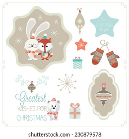 Set of christmas vector elements, vintage banner, ribbon, labels, frames, badge, stickers. Vector Christmas element. New Year.Vintage santa claus, ornaments and decorative element
