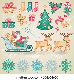 Set of christmas vector elements, winter holidays icons collection. It can be used for decorating of invitations, cards, decoration for bags and clothes. Ornament for brochures, magazines, leaflets.