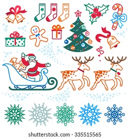 Set of christmas vector elements, winter holidays icons collection. Santa Claus in sleigh, Christmas tree, snowflakes. Decor for brochures, magazines, leaflets, best wishes greeting card.