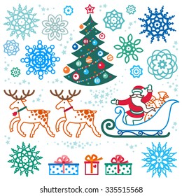Set of christmas vector elements, winter holidays icons collection. Santa Claus in sleigh, Christmas tree, snowflakes. Decor for brochures, magazines, leaflets, best wishes greeting card.