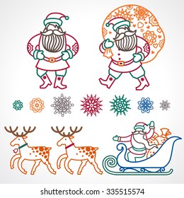 Set of christmas vector elements, winter holidays icons collection. Santa Claus in sleigh, Christmas tree, snowflakes. Decor for brochures, magazines, leaflets, best wishes greeting card.