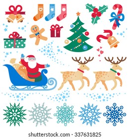 Set of christmas vector elements, winter holidays icons collection. Santa Claus in sleigh, Christmas tree, snowflakes. Happy New Year's decor for brochures, magazines, leaflets, best wishes card.