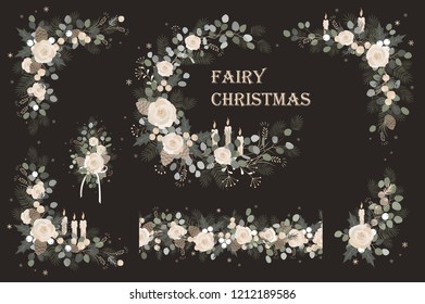 Set of Christmas vector floral compositions, blooming branches, flowers, seamless garland, wreath, and corners.