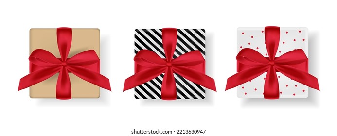 Conjunto de caja de regalo vectorial de navidad y con arco rojo y cinta aislada en fondo blanco.  caja de regalo realista para tarjeta de saludo, banner, afiche. Vista superior