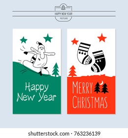 A set of Christmas vector greeting cards. Jolly Santa snowboarder. Christmas socks.