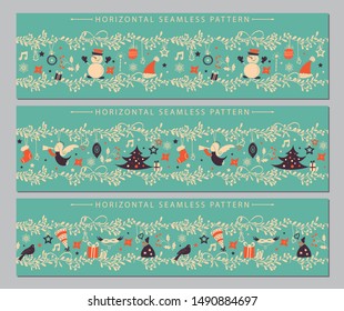 Set of Christmas vector horizontal seamless borders. Great for wallpaper, backgrounds, packaging, fabric, scrapbooking, and giftwrap projects.