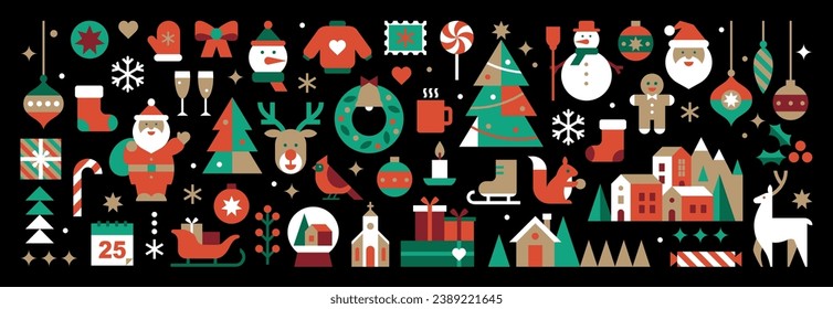 Set of Christmas vector icons in abstract modern geometric flat style isolated on a black background. Illustration for banner, card and packaging. Bauhaus design. Winter holidays. 