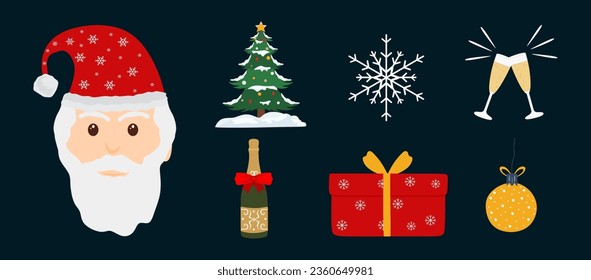 Set of christmas vector icons. Collection of new year elements isolated. Flat illustration of Santa Claus, christmas tree, snowflake, Glasses of champagne, Champagne bottle, toy and gift box. Vector 