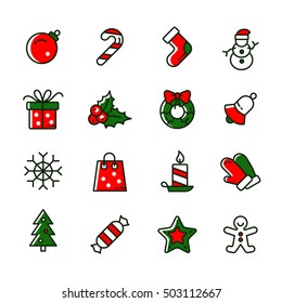 Set of Christmas vector icons. Colorful outline Cristmas icons. Vector Illustration. Christmas and New Year concept.