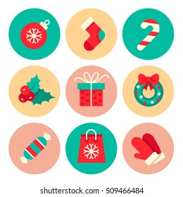 Set of Christmas vector icons. Colorful flat Cristmas icons on round backdrops. Vector Illustration. Christmas and New Year concept.