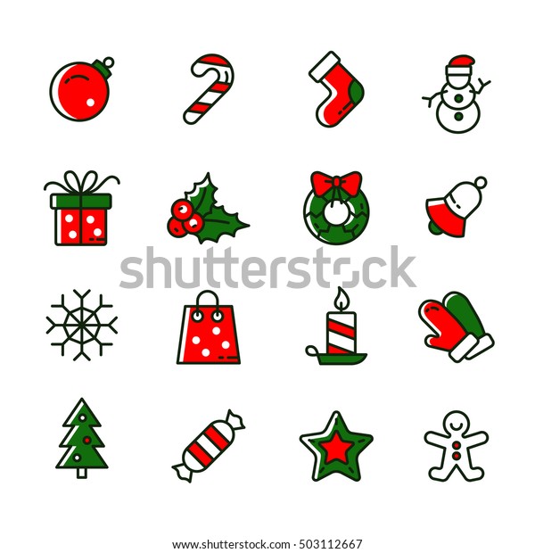 クリスマスベクター画像アイコンのセット カラフルな輪郭のクリスマスアイコン ベクターイラスト クリスマスと新年のコンセプト のベクター画像素材 ロイヤリティフリー