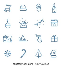 Set of Christmas vector icons. Christmas decorations, stocking, gift bags, Santa Claus,  Snowman, sleigh, snowflake, gifts and tags, fir thee, garland and reindeer.