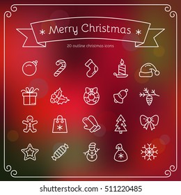 Set of Christmas vector icons. White outline Cristmas icons on red blur background. Vector Illustration. Christmas and New Year concept.