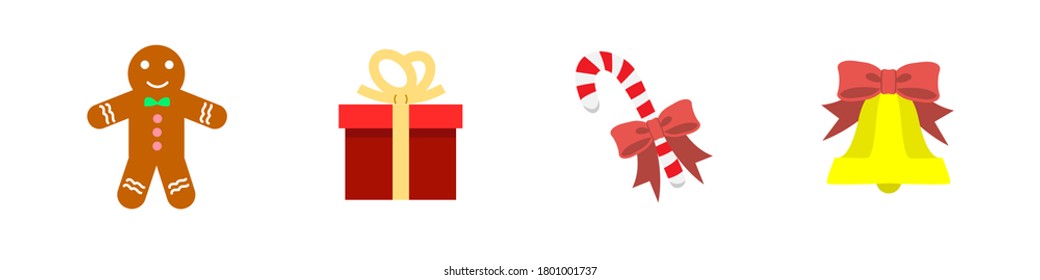 Set of Christmas vector icon/sign/symbol with cookie, present/gift, striped red and white candy, ribbon, christmas bell. Christmas vector icon.