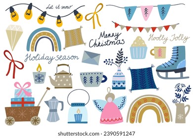 Set of Christmas vector illustrations, angel, rainbow, flowers, garland light bulb, pillow, gifts. Christmas decorations set. Winter holiday elements