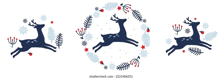 Set of christmas vector illustrations with deer in scandinavian style. Christmas design over white background. Christmas card. Holiday winter landscape. Perfect for greeting cards.
