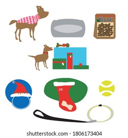 Set of Christmas vector illustrations with dog related items. There is a dog bed, treats, ball, dog leash and harness, Christmas stocking, gifts, bone, and Christmas hat.