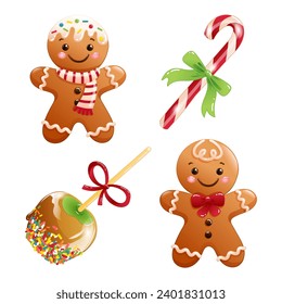 Set of Christmas vector illustrations featuring cartoon gingerbread men, candy cane and caramel apple