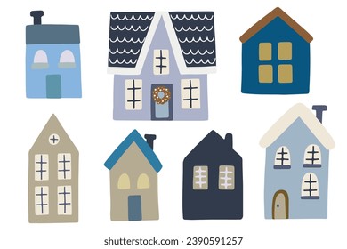 Set of Christmas vector illustrations, houses in Scandinavian style. Christmas decorations set. Winter holiday elements