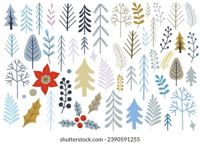 Set of Christmas vector illustrations, Christmas trees in Scandinavian style. Christmas decorations set. Winter holiday elements