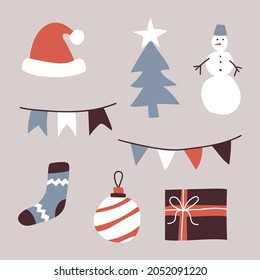 Conjunto de ilustraciones vectoriales de Navidad, invierno, dibujo a mano, humor, vacaciones, año nuevo, árbol de Navidad, medias, juguetes de árbol, guirnaldas, regalos, Santa Claus