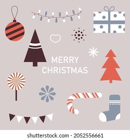 Conjunto de ilustraciones vectoriales navideñas, invierno, dibujo a mano, ánimo festivo, vacaciones, Navidad y año nuevo, árbol de Navidad, medias navideñas, juguetes de árboles, guirnaldas, regalos, Santa Claus
