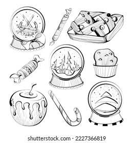 Set of Christmas vector images with Christmas balls with snow, pie, cupcake, baked apple, candies