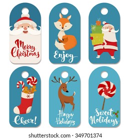 Set of Christmas vector labels with funny Christmas characters. Vintage Christmas tags designs with funny animals and Christmas symbols and  lettering