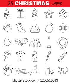 Set of Christmas Vector Line Icons. Tree, Bell, Ball, Snowflake, Candy, Candle and more. Editable Stroke.