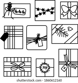 Conjunto de iconos de regalo del contorno vectorial de Navidad. Cajas de línea en blanco y negro con cintas y cadenas aisladas en fondo blanco. Elementos de diseño de moda para tarjetas de vacaciones, tienda de regalos, cupón, volante, banner.