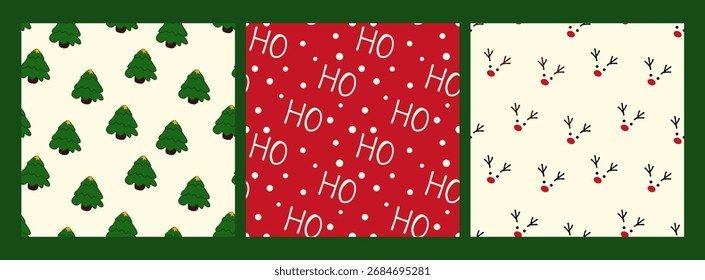 Set of Christmas Vector Patterns. Tree, Reindeer, and Ho Ho Ho Design
