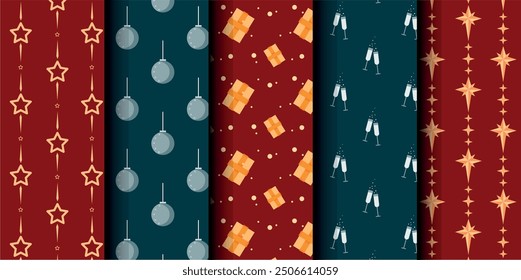 Set of Christmas vector seamless pattern. Merry Christmas and Happy New Year. Christmas symbols background. Vector red and blue seamless illustration