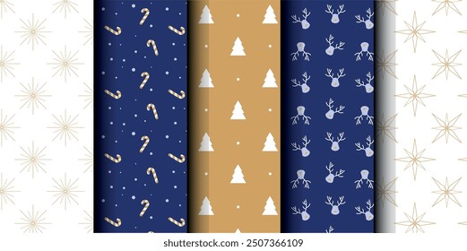 Set of Christmas vector seamless pattern. Merry Christmas and Happy New Year. Christmas symbols background. Vector gold and blue seamless illustration