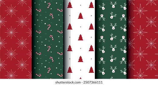 Set of Christmas vector seamless pattern. Merry Christmas and Happy New Year. Christmas symbols background. Vector red and green seamless illustration