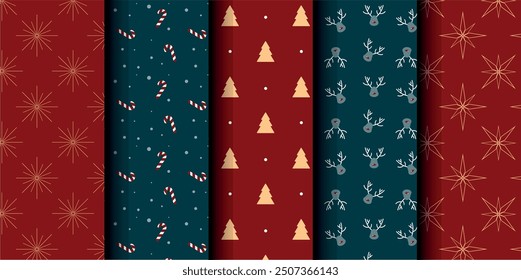 Set of Christmas vector seamless pattern. Merry Christmas and Happy New Year. Christmas symbols background. Vector red and blue seamless illustration