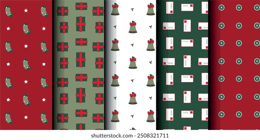 Set of Christmas vector seamless pattern. Merry Christmas and Happy New Year. Christmas symbols background. Vector red and green seamless illustration