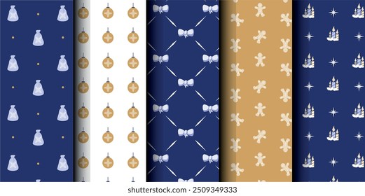 Set of Christmas vector seamless pattern. Merry Christmas and Happy New Year. Christmas symbols background. Vector gold and blue seamless illustration