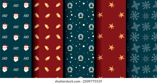 Set of Christmas vector seamless pattern. Merry Christmas and Happy New Year. Christmas symbols background. Vector red and blue seamless illustration