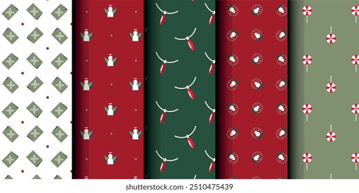 Conjunto de Natal vetor padrão sem emenda. Feliz Natal e Feliz Ano Novo. Fundo de símbolos de Natal. Ilustração contínua em vermelho e verde do vetor