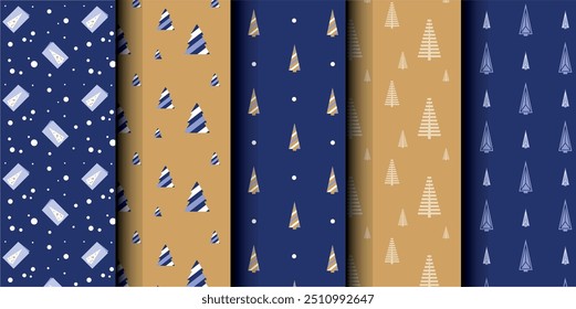 Set of Christmas vector seamless pattern. Merry Christmas and Happy New Year. Christmas symbols background. Vector gold and blue seamless illustration