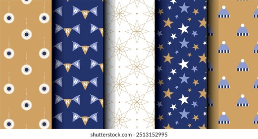 Set of Christmas vector seamless pattern. Merry Christmas and Happy New Year. Christmas symbols background. Vector gold and blue seamless illustration
