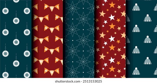 Set of Christmas vector seamless pattern. Merry Christmas and Happy New Year. Christmas symbols background. Vector red and blue seamless illustration