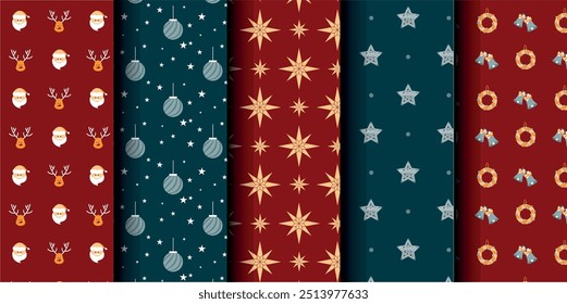 Set of Christmas vector seamless pattern. Merry Christmas and Happy New Year. Christmas symbols background. Vector red and blue seamless illustration