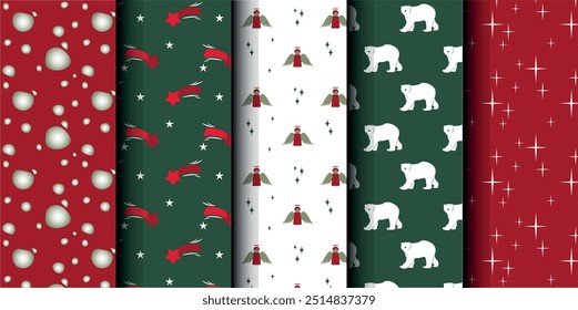 Set of Christmas vector seamless pattern. Merry Christmas and Happy New Year. Christmas symbols background. Vector red and green seamless illustration