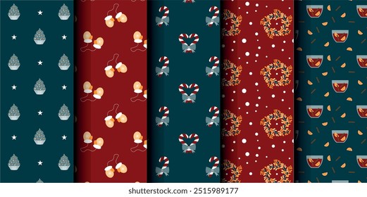 Set of Christmas vector seamless pattern. Merry Christmas and Happy New Year. Christmas symbols background. Vector red and blue seamless illustration